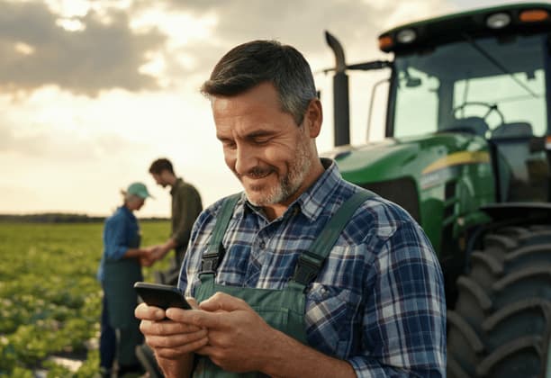 Farmer in plaid shirt using a smartphone in a field at sunset, with colleagues and a green tractor behind him.